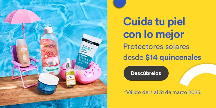 Anuncio: Cuida tu piel con lo mejor. Protectores solares desde 14 pesos quincenales. Promoción válida del 1 al 31 de marzo 2025. Pulsa aquí para descubrirlos.