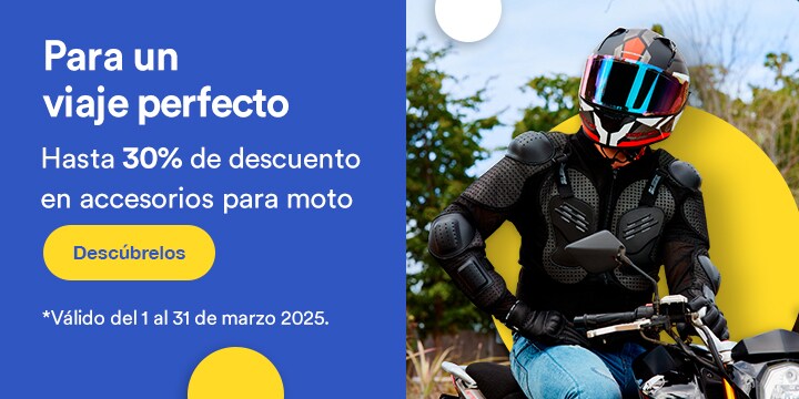 Anuncio: Para un viaje perfecto. Hasta 30% de descuento en accesorios para moto. Promoción válida del 1 al 31 de marzo 2025. Pulsa aquí para descubrirlos.