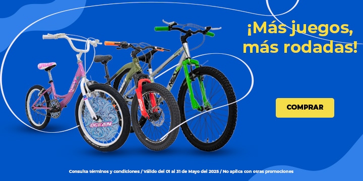 Anuncio: ¡Más juegos, más rodadas! Consulta términos y condiciones. Válido del 1 al 31 de mayo 2025. No aplica con otras promociones. Pulsa aquí para encontrar bicicletas.