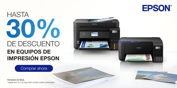 Anuncio: Epson. Hasta 30% de descuento en equipos de impresión Epson. Exclusivo en E-Commerce. Promoción válida del 5 al 11 de mayo 2025. Consulta modelos participantes. Pulsa aquí para aprovechar. 