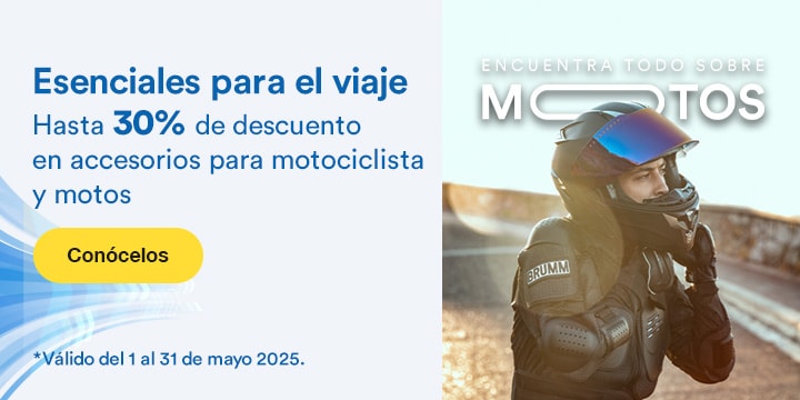 Anuncio: Esenciales para el viaje. Hasta 30% de descuento en accesorios para motociclista y motos. Promoción válida del 1 al 31 de mayo 2025. Pulsa aquí para descubrirlos.