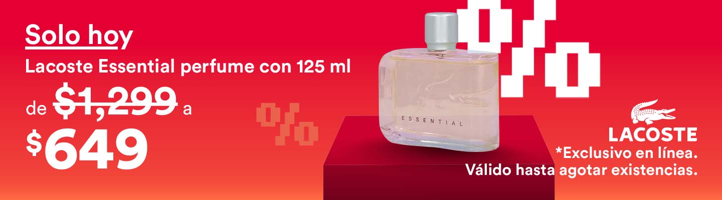 Perfume Lacoste Essential de 125 mililitros. De mil 299 pesos a solo 649 pesos. Exclusivo en línea solo hoy 24 de mayo de 2025. Pulsa aquí para comprar.