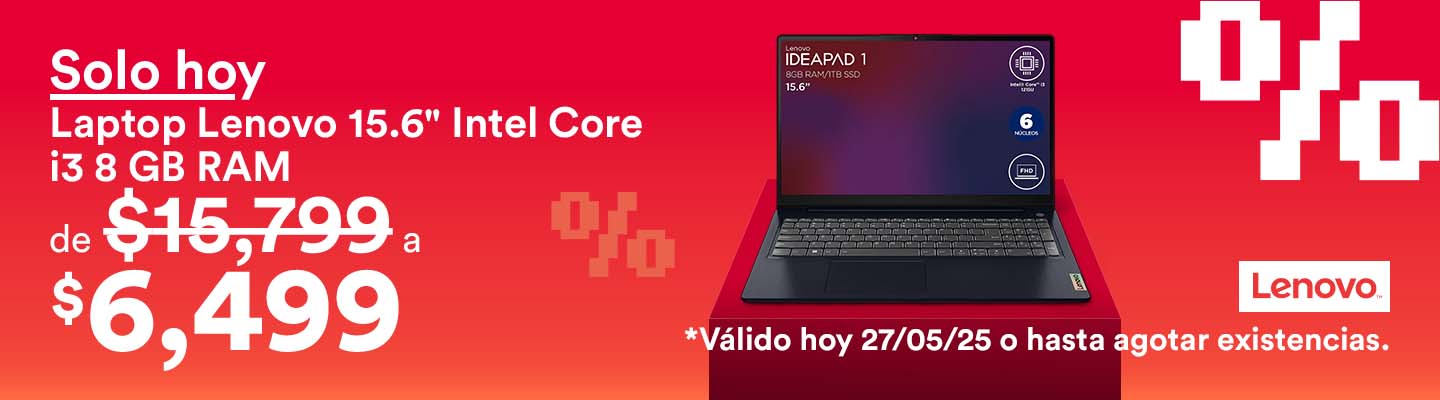 HotSaleando. Solo hoy. Laptop Lenovo de 15.6 pulgadas con Intel Core i3 de 8 gigabytes de memoria RAM, de 15 mil 799 pesos a 6 mil 499 pesos. Válido al 27 de mayo o hasta agotar existencias. Pulsa aquí para aprovechar.