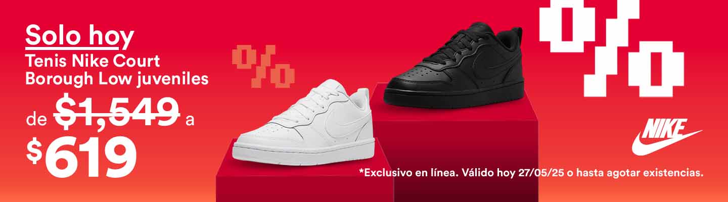 HotSaleando. Solo hoy. Tenis Nike Court Borough Low juveniles, de mil 549 pesos a 619 pesos. Exclusivo en línea. Válido al 27 de mayo 2025 o hasta agotar existencias. Pulsa aquí para aprovechar.