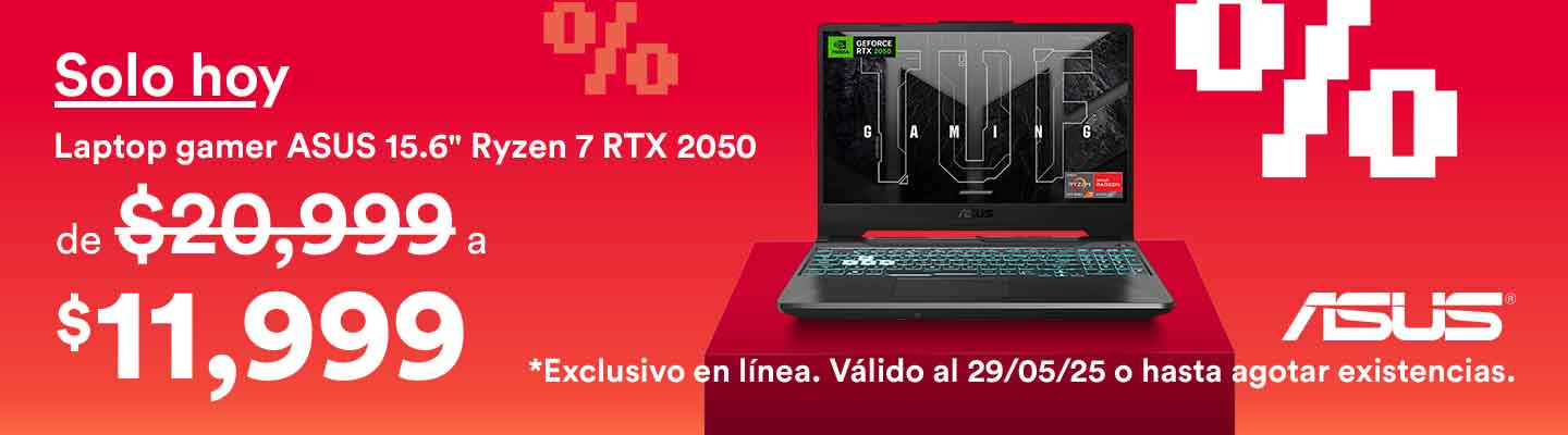Hot Sale. Solo hoy: laptop gamer ASUS de 15.6 pulgadas con Ryzen 7 NVIDIA de 20 mil 999 pesos a 11 mil 999 pesos. Exclusivo en línea. Válido al 29 de mayo 2025. Pulsa aquí para aprovechar.