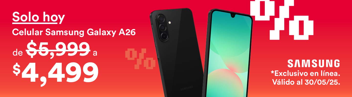 Hot Sale. Solo hoy: celular Samsung Galaxy A26 de 5 mil 999 pesos a 4 mil 499 pesos. Exclusivo en línea. Válido al 30 de mayo 2025. Pulsa aquí para aprovechar.