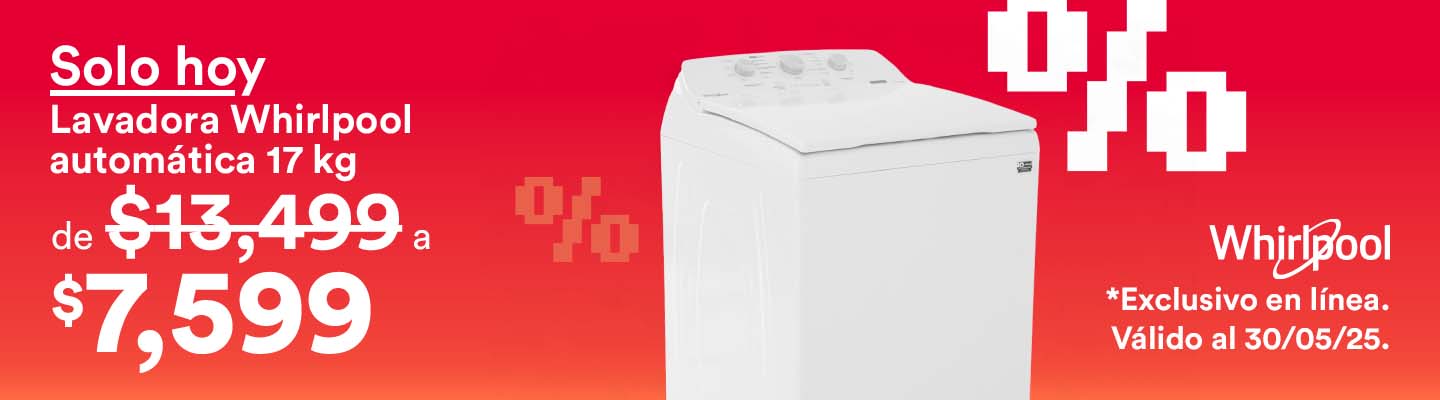 Hot Sale. Solo hoy: lavadora Whirlpool automática de 17 kilogramos de 13 mil 499 pesos a 7 mil 599 pesos. Exclusivo en línea. Válido al 30 de mayo 2025. Pulsa aquí para aprovechar.