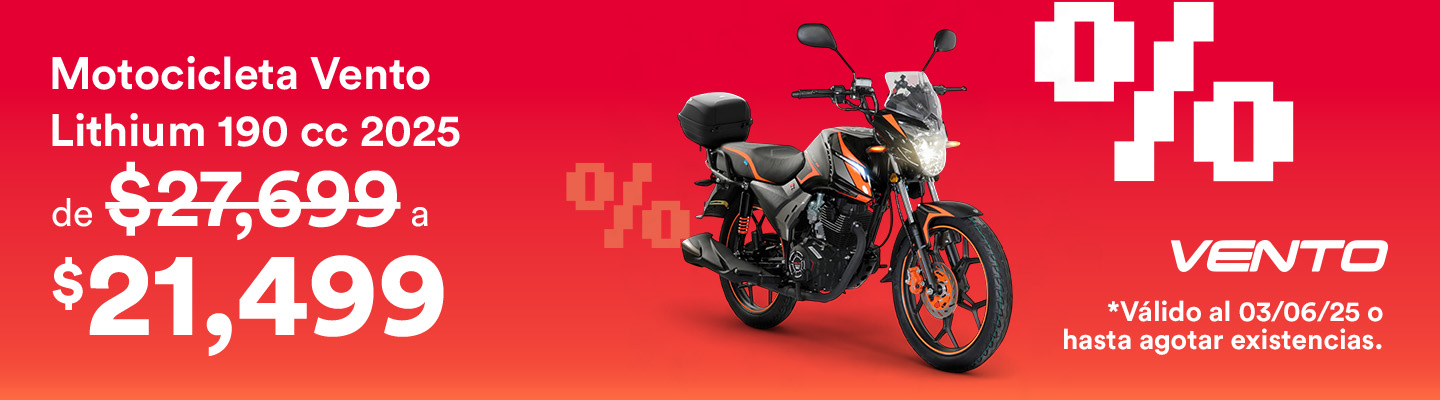 Hot Sale. Motocicleta Vento Lithium 190 cc 2025, de 27 mil 699 pesos a 21 mil 499 pesos. Válido al 3 de junio 2025 o hasta agotar existencias. Pulsa aquí para aprovechar.