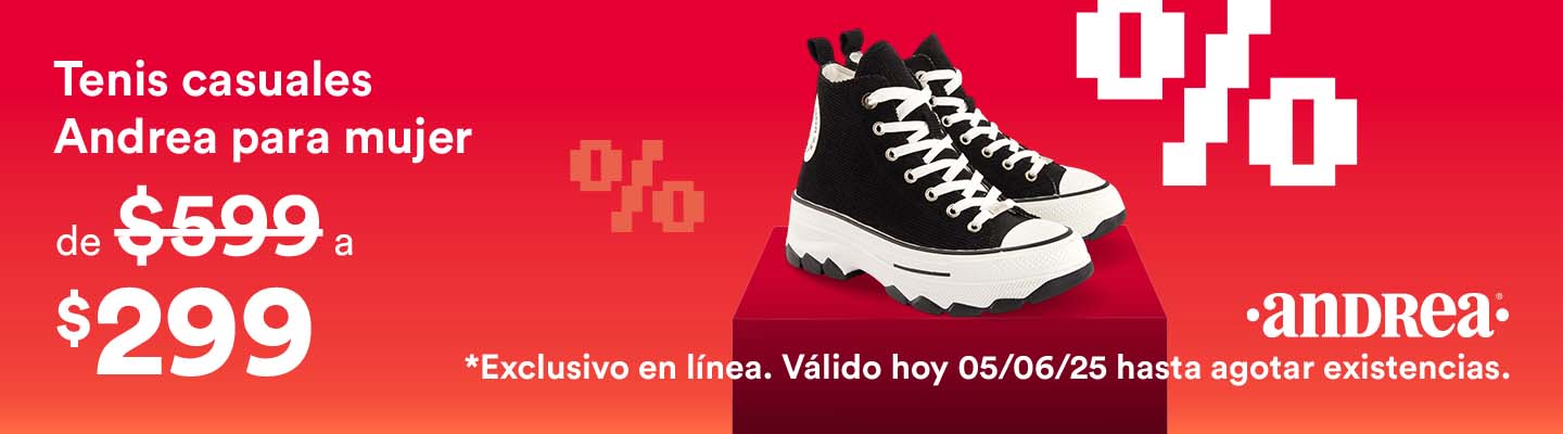 Oferteando. Tenis casuales Andrea para mujer de 599 a 299 pesos. Oferta exclusiva en línea. Válido hoy 5 de junio de 2025 o hasta agotar existencias. Pulsa aquí para comprar.