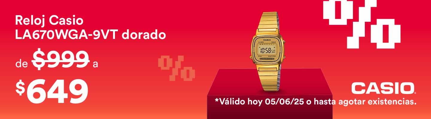 Oferta solo hoy: Reloj Casio LA670WGA-9VT dorado de 999 pesos a 649 pesos. Exclusivo en línea. Válido hoy 5 de junio de 2025 o hasta agotar existencias Pulsa aquí para comprar.