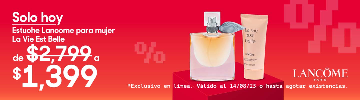 Hot Fashion. Oferteando. Solo hoy. Estuche Lancome para mujer La Vie Est Belle de 2 piezas, de 2 mil 799 pesos a mil 399 pesos. Promoción exclusiva en línea. Válido al 14 de agosto 2025 o hasta agotar existencias. Pulsa aquí para aprovechar.