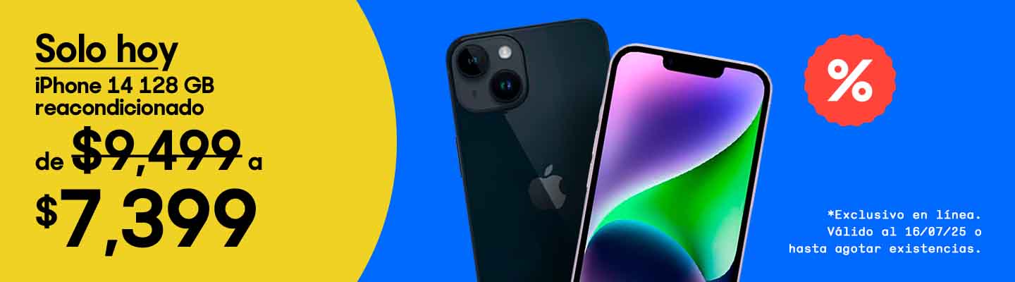 Las rebajas más bajas. iPhone 14 de 128 gigabytes reacondicionado de 9,499 pesos a 7,399 pesos. Oferta exclusiva en línea, válida solo hoy 16 de julio de 2025 o hasta agotar existencias. Pulsa aquí para comprar.