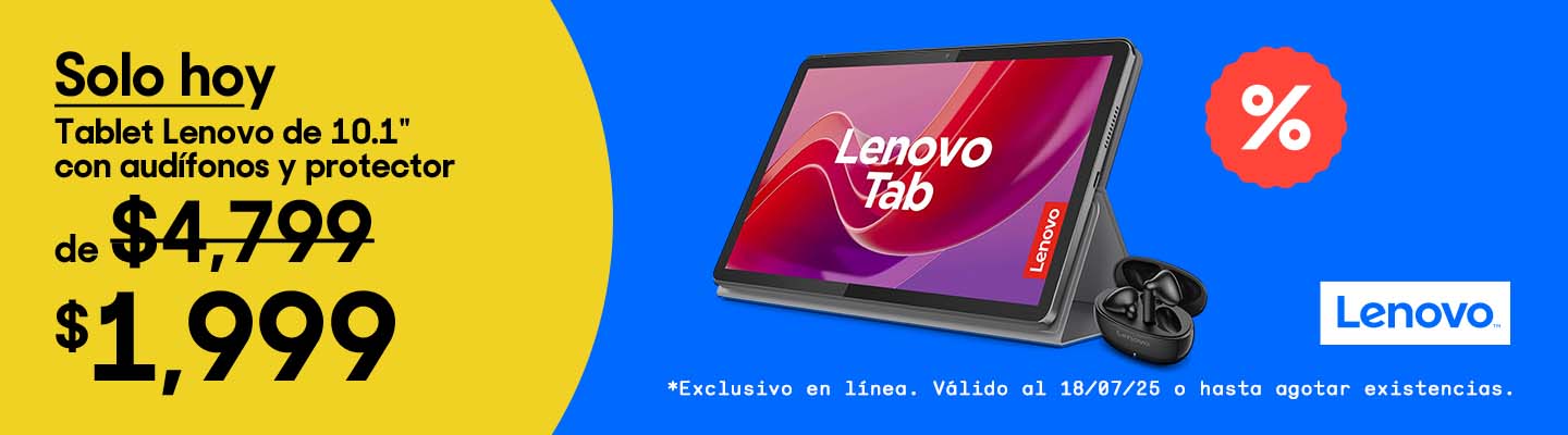 Las rebajas más bajas. Tablet Lenovo de 10.1 pulgadas con audífonos y protector de 4 mil 799 pesos a mil 999 pesos. Exclusivo en línea. Válido solo hoy 18 de julio 2025 o hasta agotar existencias. Pulsa aquí para aprovechar.