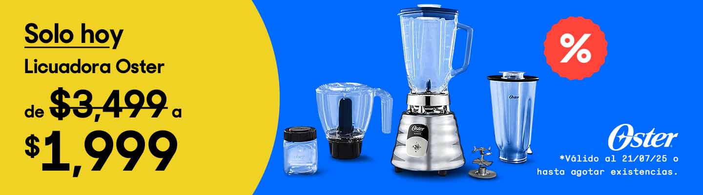 Las rebajas más bajas. Licuadora Oster de 3,499 pesos a solo 1,999 pesos. Oferta válida solo hoy 21 de julio de 2025 o hasta agotar existencias. Pulsa aquí para comprar.