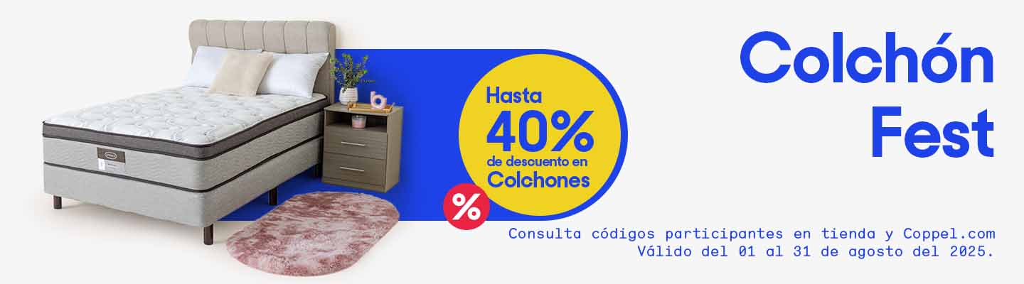 Hasta 40% de descuento en colchones. Consulta códigos participantes en tienda y Coppel.com. Válido del 01 al 31 de agosto del 2025. Pulsa aquí para renovar el tuyo.