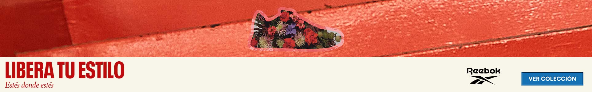 Silueta de tenis marca Reebok sobre imagen de flores, simulando estampado floral. Libera tu estilo estés donde estés. Pulsa aquí para ver la colección.