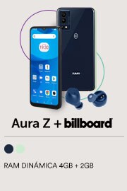 Zuum. Modelo Aura Z azul con RAM dinámica de 4 gigabytes más 2 gigabytes y audífonos Billboard. Pulsa aquí para renovar tu equipo.