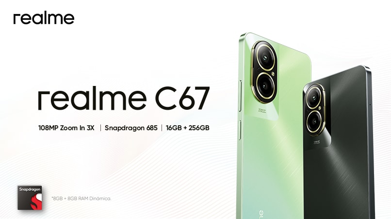 Realme. C67. 108 Megapíxeles Zoom in 3X. Snapdragon 685. 16 gigabytes de RAM + 256 gigabytes de almacenamiento. Pulsa aquí para comprar el tuyo.