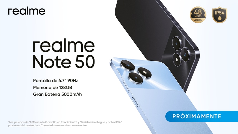 Realme Note 50. Pantalla de 6.7 pulgadas y 90 hz. Memoria de 128 gigabytes. Gran batería de 5000 miliampérios. Próximamente. Pulsa aquí para ver celulares Realme.