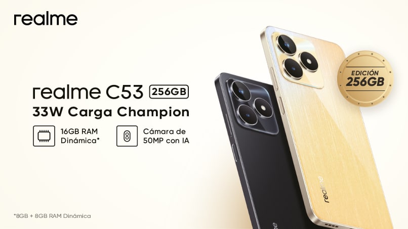 Realme C53 256 gigabytes. 33 watts Carga Champion. 16 gigabytes de RAM dinámica. Cámara de 50 megapíxeles con Inteligencia Artificial.