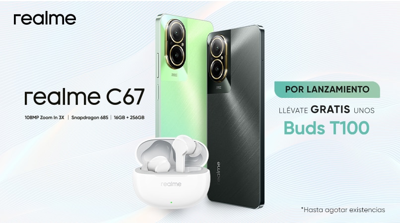 Realme. C67. 108 Megapíxeles Zoom in 3X. Snapdragon 685. 16 gigabytes de RAM + 256 gigabytes de almacenamiento. Por lanzamiento llévate gratis unos Buds T100. Hasta agotar existencias. Pulsa aquí para comprar el tuyo.