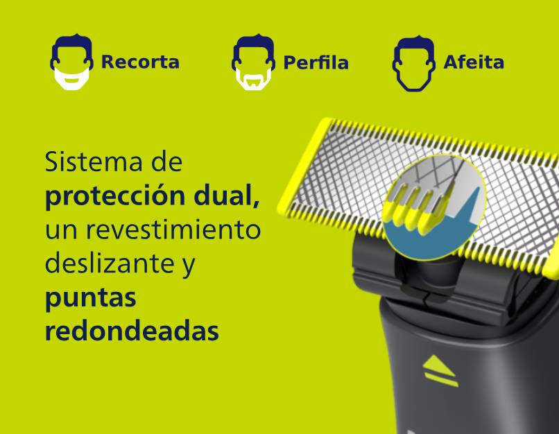 Recorta, perfila, afeita. Sistema de protección dual, un revestimiento deslizante y puntas redondeadas. Pulsa aquí para ver rasuradoras Philips.