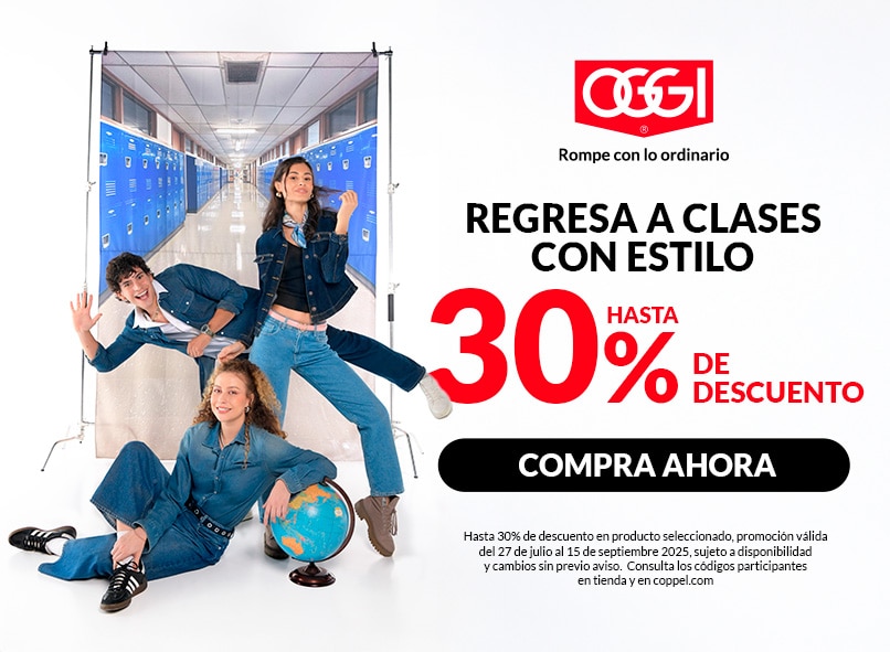 Oggi Jeans. Rompe con lo ordinario. Regresa a clases con estilo. Hasta 30% de descuento en producto seleccionado. Promoción válida del 27 de julio al 15 de septiembre 2025. Sujeto a disponibilidad y cambios sin previo aviso. Consulta los códigos participantes en tienda y Coppel.com. Pulsa aquí para descubrir más.
