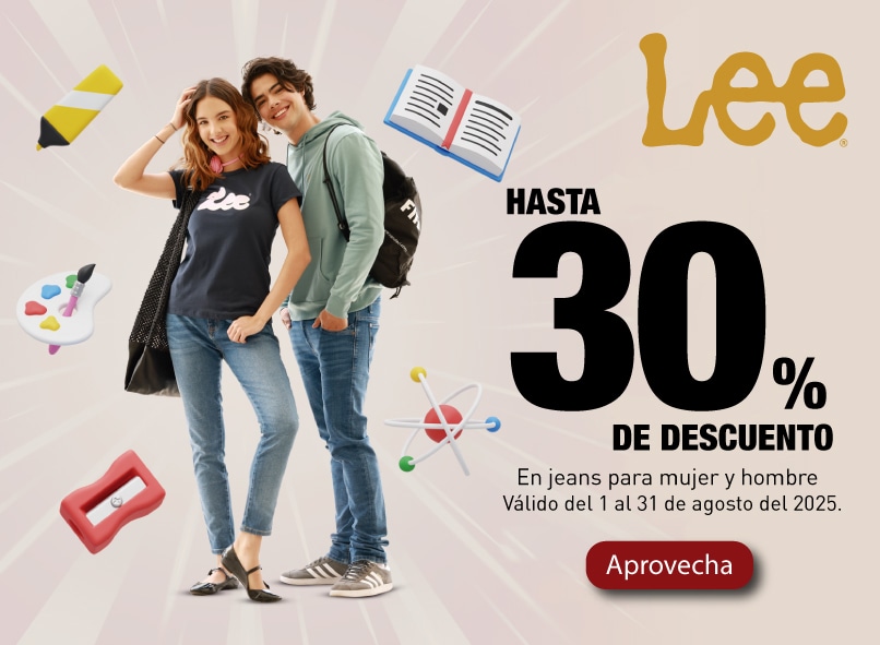 Anuncio: Logo de Lee. Hasta 30% de descuento en jeans para hombre y mujer. Válido del 1 al 31 de agosto 2025. Pulsa aquí para aprovechar.