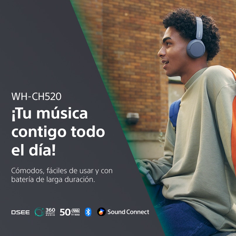 Sony. ¡Tu música contigo todo el día! Cómodos, fáciles de usar y con batería de larga duración. Pulsa aquí para comprar tus audífonos WH-CH520.