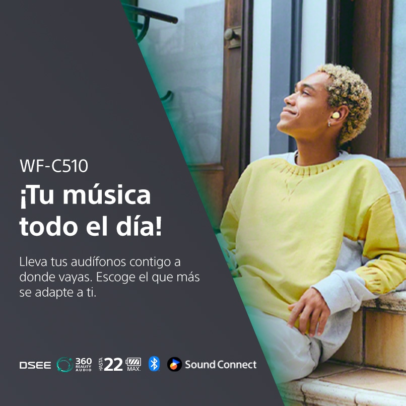 Sony. ¡Tu música todo el día! Lleva tus audífonos contigo a donde vayas. Escoge el que más se adapte a ti. Pulsa aquí para comprar tus audífonos WF-C510.