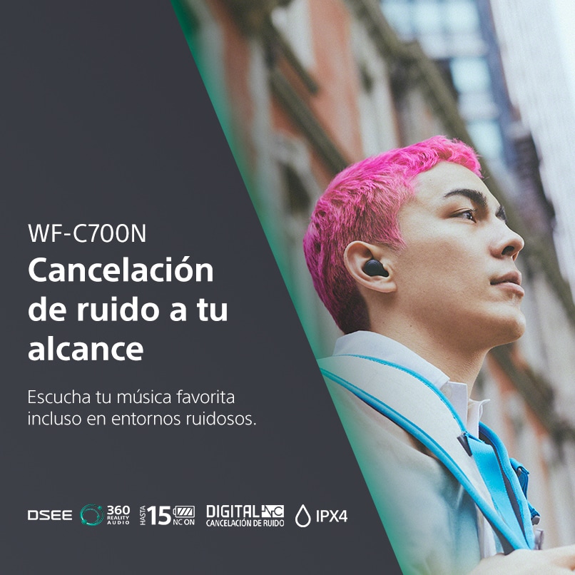 Sony. Cancelación de ruido a tu alcance. Escucha tu música favorita incluso en entornos ruidosos. Pulsa aquí para comprar tus audífonos WF-C700N.