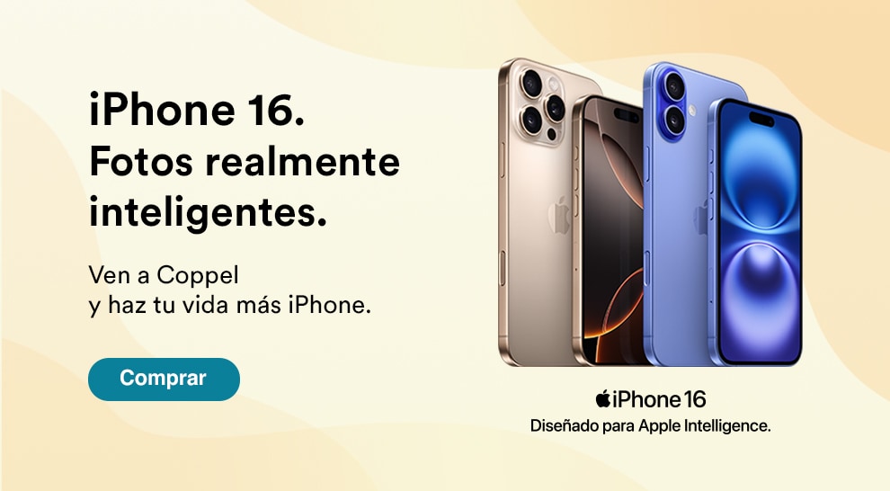 iPhone 16. Fotos realmente inteligentes. Ven a Coppel y haz tu vida más iPhone. Diseñado para Apple Intelligence. Pulsa aquí para elegir el tuyo.