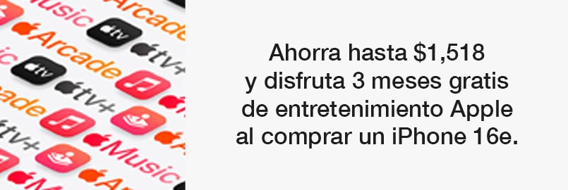 Ahorra hasta mil 518 pesos y disfruta 3 meses gratis de entretenimiento Apple al comprar un iPhone 16e. Pulsa aquí para conocer más.