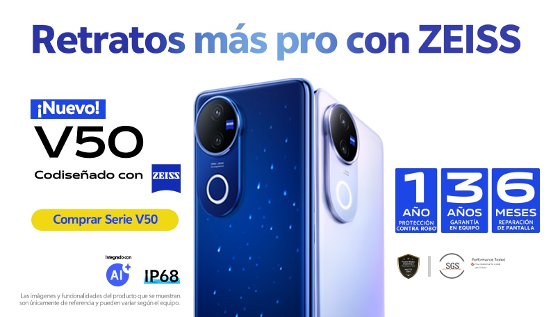 Retratos más pro con Zeiss. ¡Nuevo! V50, codiseñado con Zeiss. 1 año de protección contra robo. 3 años de garantía en equipo. 6 meses en reparación de pantalla. Pulsa aquí para conocer la serie V50.