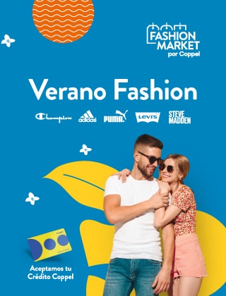 Fashion Market por Coppel. Verano Fashion. Aceptamos tu Crédito Coppel. Logos Champion, adidas, Puma, Levi's y Steve Madden. Visita tu tienda más cercana y estrena.