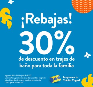 Fashion Market por Coppel. ¡Rebajas! Hasta 30% de descuento en trajes de baño para toda la familia. Válido del 1 al 31 de julio 2025. Aceptamos tu Crédito Coppel. Aprovecha en tu tienda más cercana.