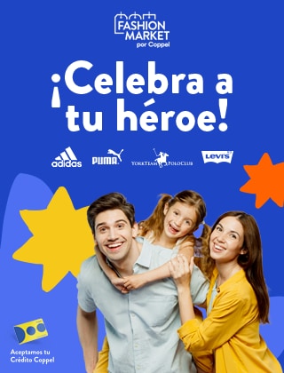Fashion Market por Coppel. ¡Celebra a tu héroe! Aceptamos tu Crédito Coppel. Logo de marcas adidas, Puma, York Team Polo Club y Levi's. Visita tu tienda más cercana y elige el regalo para papá.