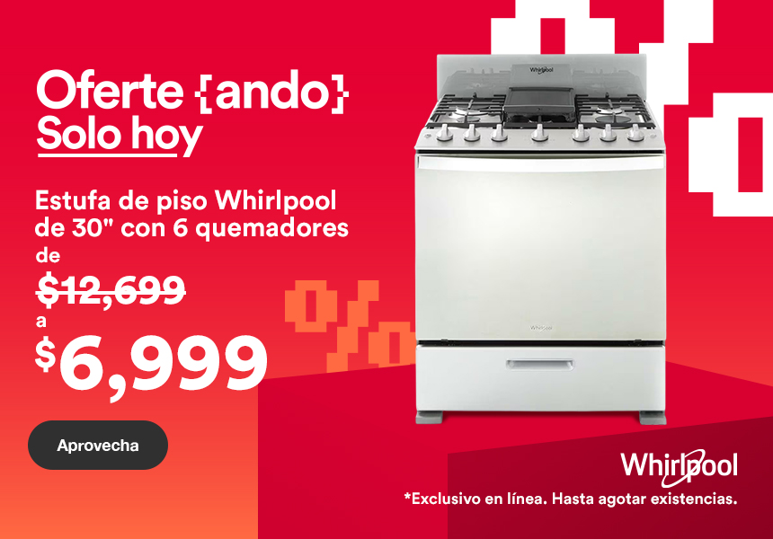 Anuncio: Estufa de piso Whirlpool de acero inoxidable con 6 quemadores de 12 mil 699 pesos a solo 6 mil 999 pesos. Válido solo hoy en línea. Pulsa para comprar.