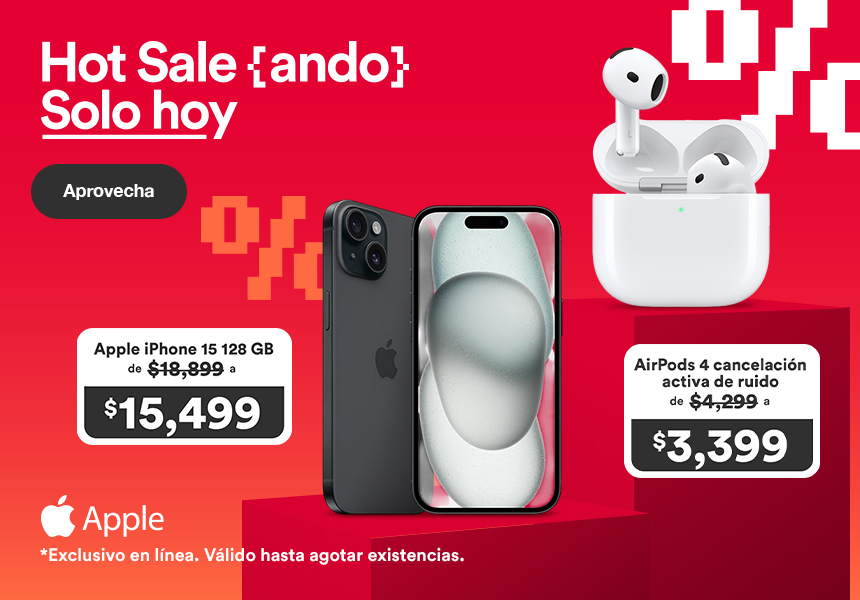 Anuncio: Apple AirPods generación 4 a solo 3 mil 399 pesos y iPhone 15 de 128 gigas a solo 15 mil 499 pesos. Exclusivo en línea solo hoy 24 de mayo. Pulsa para comprar.