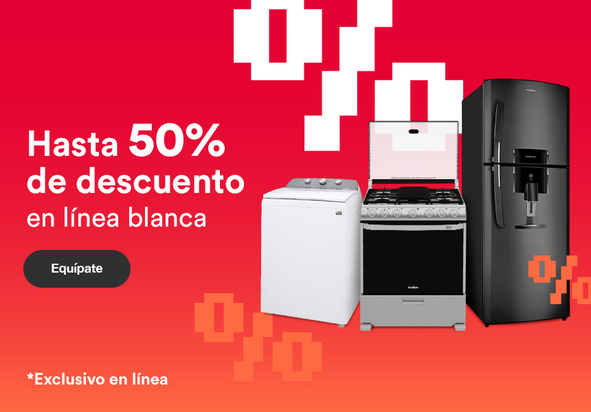 Anuncio: Hasta 50% de descuento en línea blanca. Promoción exclusiva en línea. Pulsa aquí para equiparte.