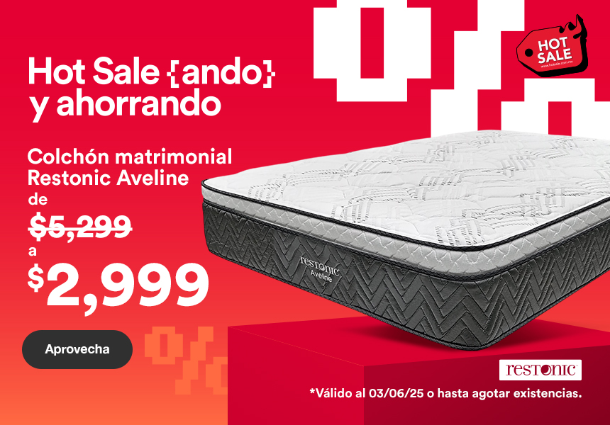 Anuncio: HotSaleando. Colchón matrimonial Restonic Aveline, de 5 mil 299 pesos a 2 mil 999 pesos. Válido al 3 de junio 2025 o hasta agotar existencias. Pulsa aquí para aprovechar.