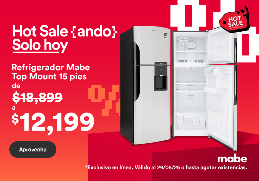 Hot Sale. Solo hoy: refrigerador Mabe Top Mount 15 pies de 18 mil 899 pesos a 12 mil 199 pesos. Exclusivo en línea. Válido hoy 29 de mayo 2025 o hasta agotar existencias. Pulsa aquí para aprovechar.