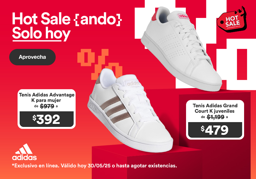 Hot Sale. Solo hoy: tenis Adidas Advantage K para mujer de 979 pesos a 392 pesos y tenis Adidas Grand Court K juveniles de mil 149 pesos a 479 pesos. Exclusivo en línea. Válido al 30 de mayo 2025. Pulsa aquí para aprovechar.