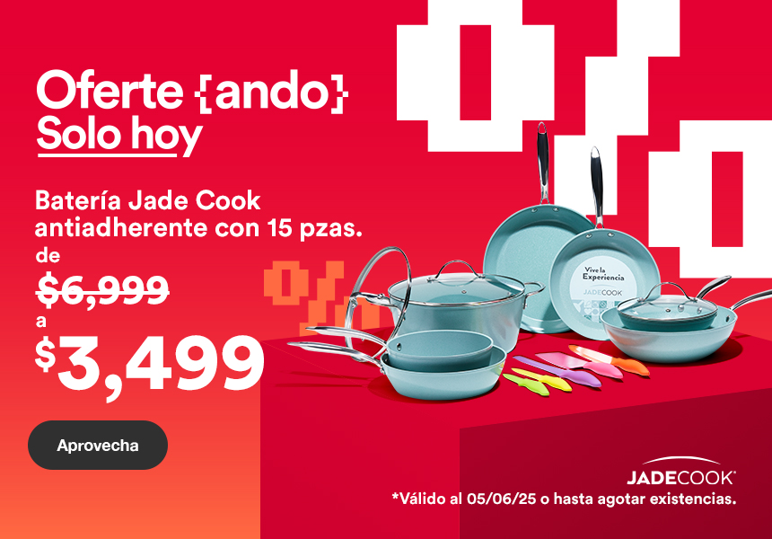 Oferta solo hoy: Batería Jade Cook antiadherente de 15 piezas de 6 mil 999 pesos a solo 3 mil 499 pesos. Válido al 5 de junio de 2025 o hasta agotar existencias. Pulsa aquí para aprovechar.