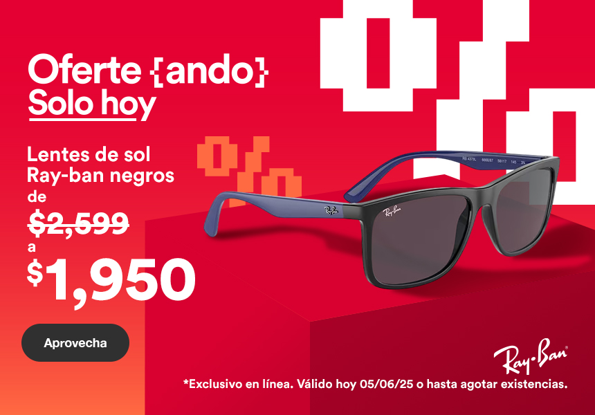 Oferta solo hoy: Lentes de sol Ray-ban negros de 2 mil 599 pesos a mil 950 pesos. Exclusivo en línea. Válido hoy 5 de junio del 2025 o hasta agotar existencias. Pulsa aquí para comprar.