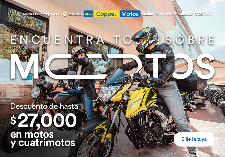 Anuncio: Coppel Motos. Hasta 27 mil pesos de descuento en motos y cuatrimotos. Válida al 20 de abril 2025. Pulsa aquí para elegir la tuya.