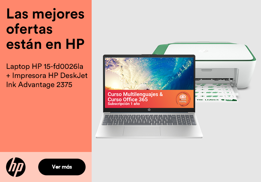 Las mejores ofertas están en HP. Laptop HP 15-fd0026la con impresora HP DeskJet Ink Advantege 2375. Curso multilenguajes y curso office 365. Suscripción de 1 año. Pulsa aquí para comprar tu combo HP.