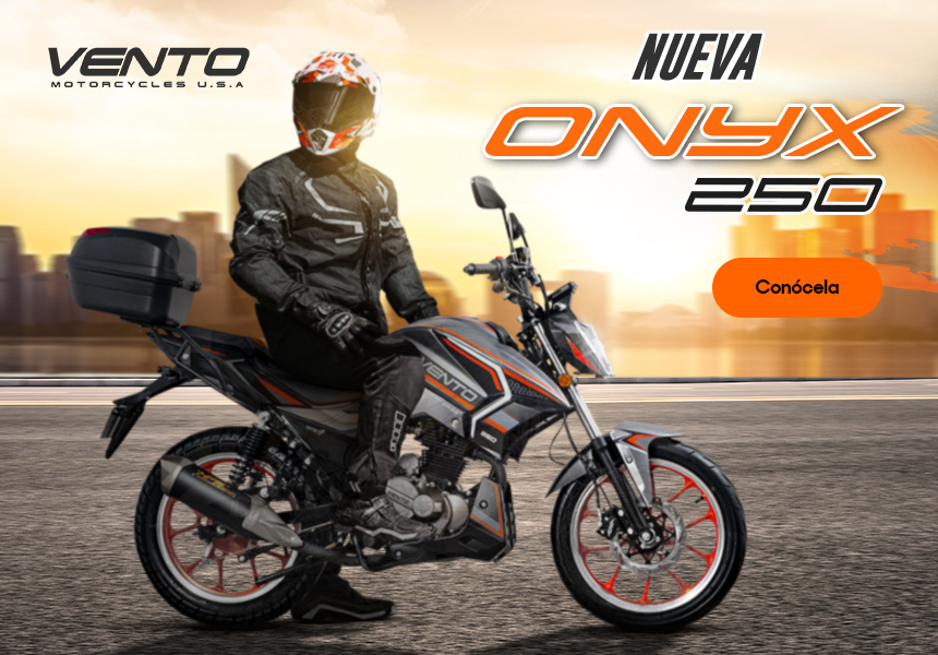 Motocicletas Vento. Nueva Onyx 250. Con cajuela portacasco, motor de 250 centímetros cúbicos y freno de disco. Pulsa aquí para conocer la nueva Onyx 250.
