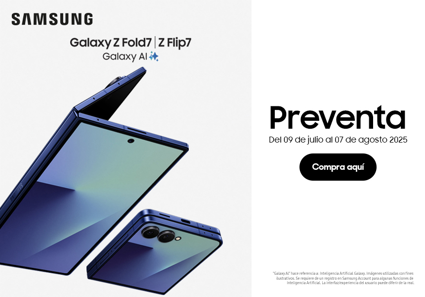 Anuncio: Samsung. Galaxy Z Fold 7. Z Flip 7. Galaxy AI. Preventa del 9 de julio al 7 de agosto 2025. Galaxy AI hace referencia a Inteligencia Artificial Galaxy. Pulsa aquí para aprovechar. 