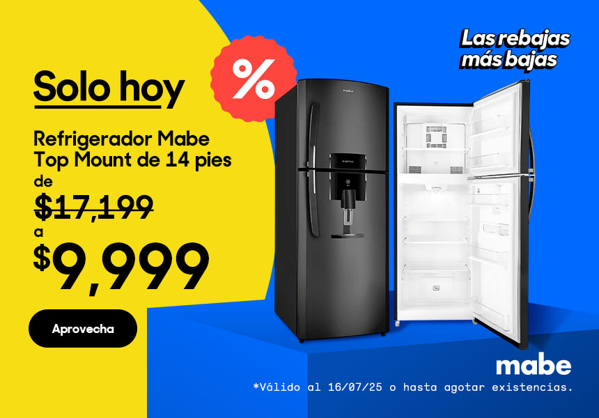 Las rebajas más bajas. Refrigerador Mabe Top Mount de 14 pies de 17,199 pesos a 9,999 pesos. Oferta válida solo hoy 16 de julio 2025 o hasta agotar existencias. Pulsa aquí para comprar.